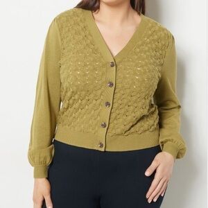 J Jason Wu Pointelle V-Neck Button-Up Cardigan Size 4X Light Olive‎ Green